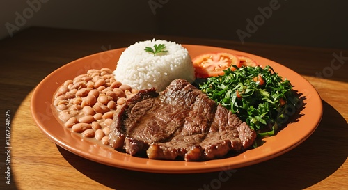 Brazilian Dish Plate Featuring Steak Rice Beans Greens and Tomato