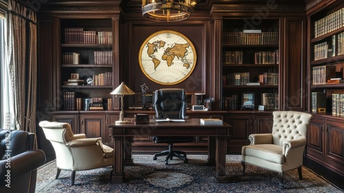 Luxurious home office with world map