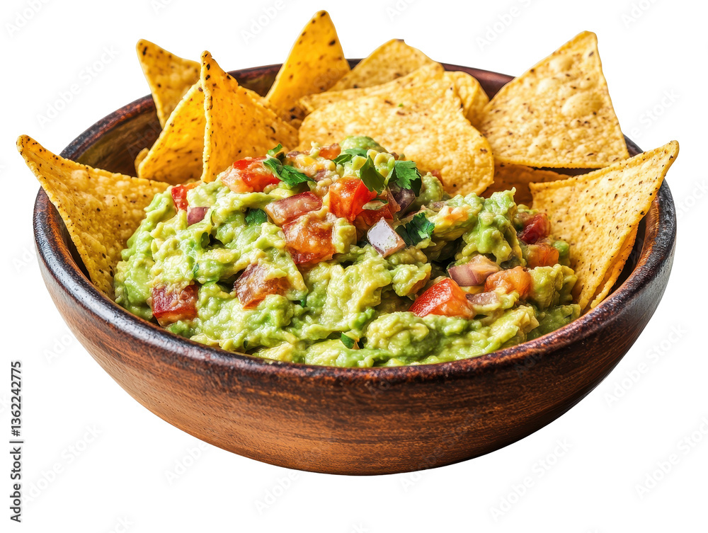Isolated Guacamole with tomatoes, cilantro and nachos in a wooden bowl Isolated Guacamole with tomatoes, cilantro and nachos in a wooden bowl
