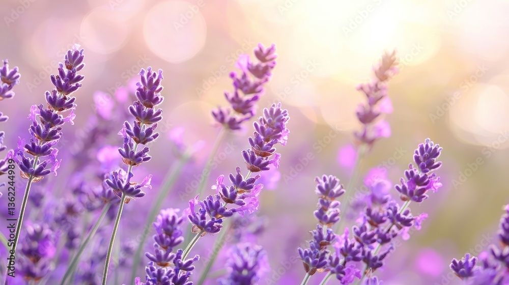 Fototapeta premium Lavender essential oil with a soft lavender flower background.