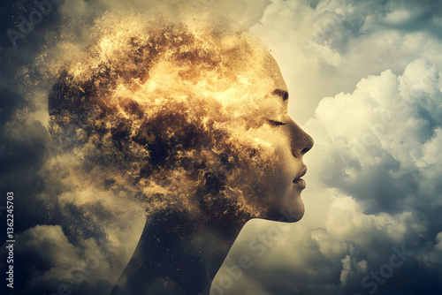 Surreal portrait of a woman with her head blending into clouds, symbolizing imagination, dreams, and creativity.