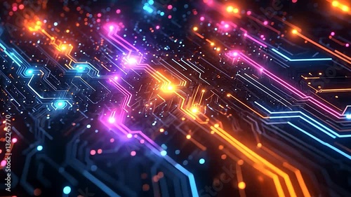 Vibrant abstract digital circuit board with glowing connections and lights