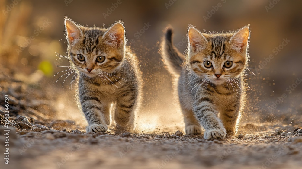 Golden Hour Kittens: Two Adorable Tabby Kittens Playing in Dust Golden Hour Kittens: Two Adorable Tabby Kittens Playing in Dust