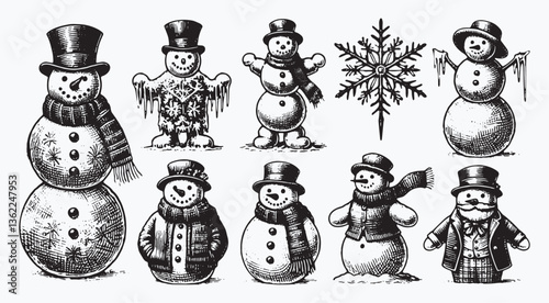 Diverse collection of stylized snowmen illustrations each with unique designs, embodying winter festive joy and charm with meticulous details and vintage illustrations