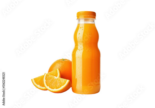 A tall, elegant orange juice bottle with modern minimalist branding, placed next to a freshly squeezed half-cut orange, isolated on a solid white background.