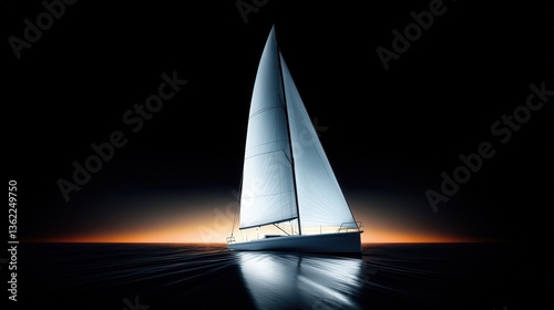 An elegant sailboat gliding smoothly over calm waters, with the twilight horizon serving as a breathtaking backdrop, symbolizing freedom and tranquility in nature.