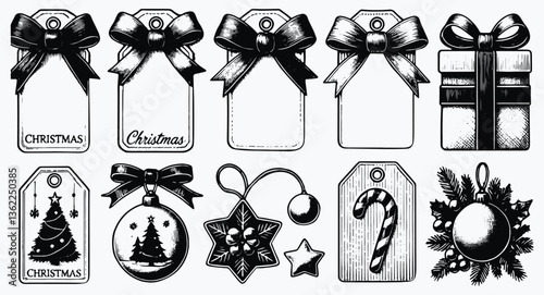 Elegant Christmas Gift Tags Collection with a Variety of festive designs in black and white, perfect for holiday promotions and gifting, vintage vector illustrations