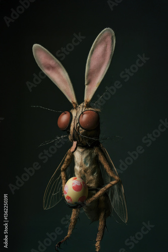 A peculiar insect resembling a bunny, complete with rabbit ears and holding a decorated Easter egg, stands out in a dark environment, blending oddity and festivity.