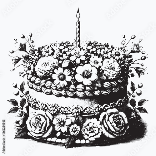 Vintage-styled birthday cake topped with flowers and a single lit candle, classic and elegant with an artistic touch