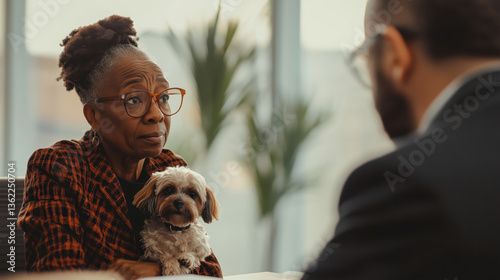 Sad unhappy worried elderly aged old black woman pensionary with a small dog in her arms sitting opposite a civil servant discussing pension issues in the office or vet clinic on blurred background