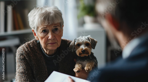 Sad unhappy worried elderly aged old white woman pensionary with a small dog in her arms sitting opposite a civil servant discussing pension issues in the office or vet on blurred background