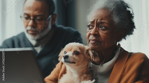 Sad unhappy worried elderly aged old black woman pensionary with a small dog in her arms sitting and waiting for her turn in the vet clinic office blurred background