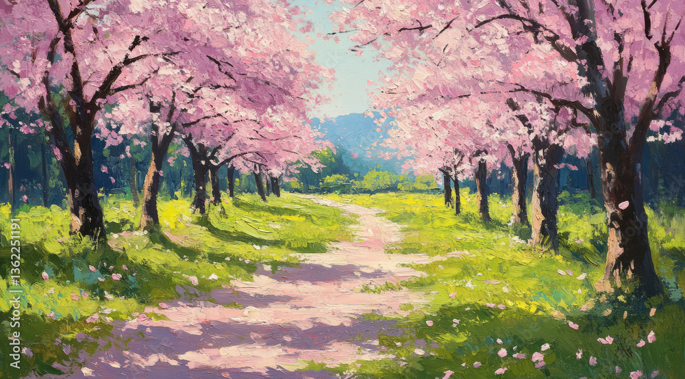 Fototapeta premium Cherry blossom trees invite peaceful, delightful stroll down flowery path