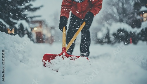 Person Using Shovel Clearing Snow From Path During Winter Storm