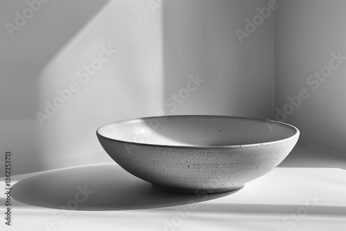 Minimalist gray ceramic bowl placed in a softly lit corner, casting gentle shadows on the wall