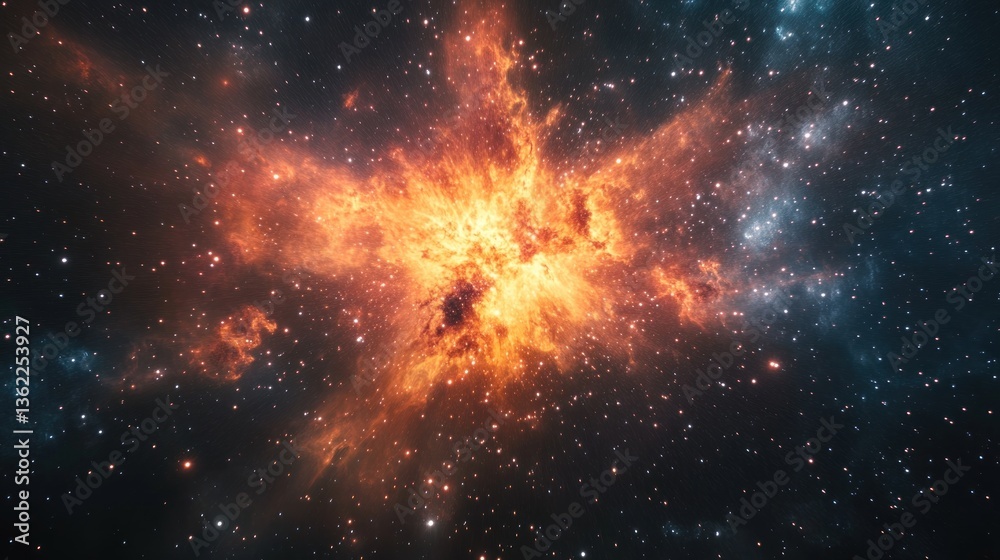 Naklejka premium Cosmic ignition: A vibrant interstellar explosion of stardust and celestial light