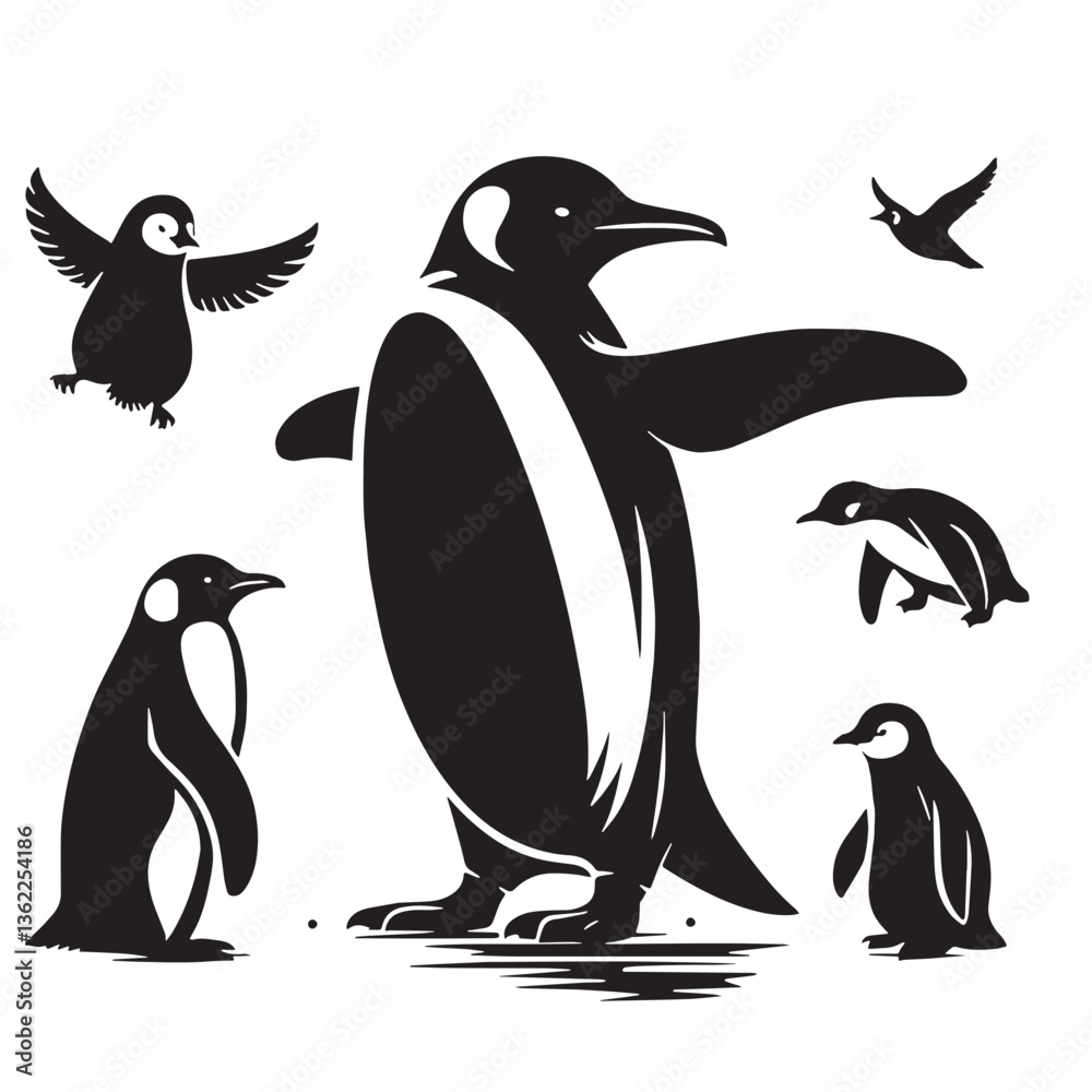 Obraz premium Black Color Penguin Silhouette Vector Illustration, Solid White Background