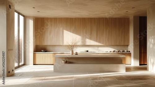 Modern minimalist kitchen interior featuring wooden cabinetry, natural light, and a serene atmosphere