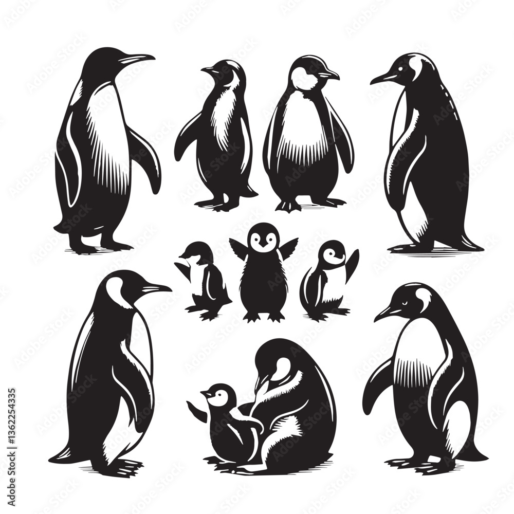 Obraz premium Black Color Penguin Silhouette Vector Illustration, Solid White Background