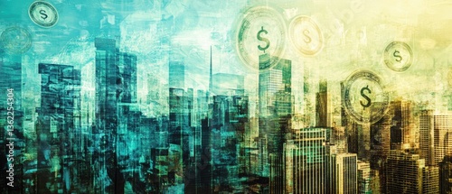 Surreal Urban Landscape with Currency Symbols Merging into Architecture Representing Inflation photo