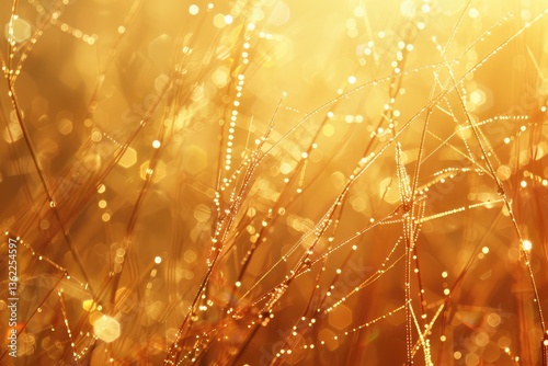 Dew-covered grass blades glistening in golden sunlight during early morning, creating a serene atmosphere
