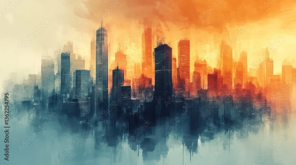 Fototapeta premium Cityscape at Sunset: A Watercolor Impression