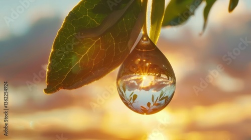 A close-up of a water droplet reflecting a sunset and leaves, capturing nature's beauty in detail
