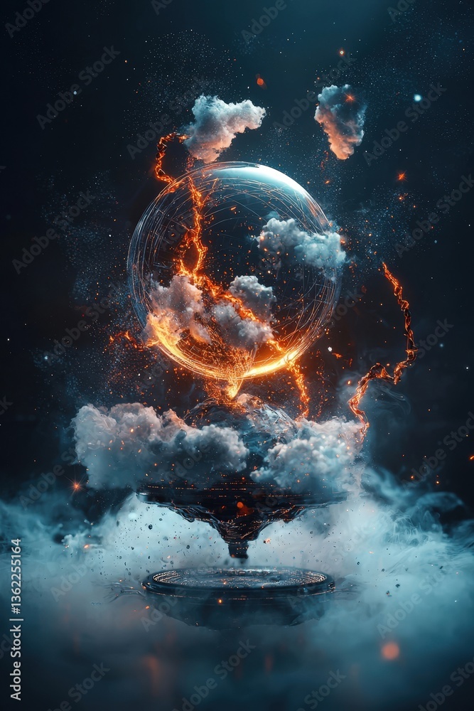 Naklejka premium Surreal Dreamlike Orb Surrounded by Fiery Clouds and Mist