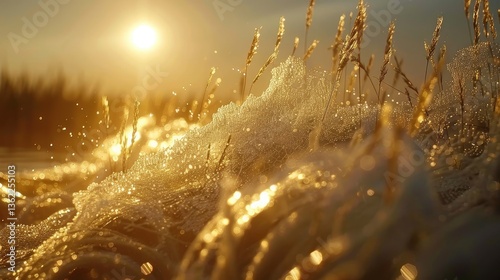 Golden sunlight glimmers on ocean waves splashing against tall grass at sunset, creating a serene scene