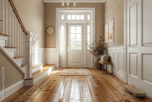 Bright and inviting entryway featuring wooden flooring, staircase, and natural light illuminating decor