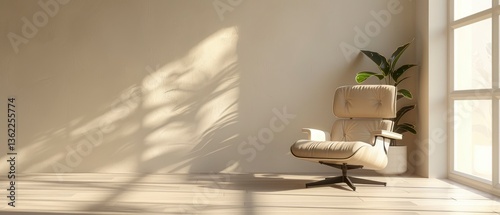 Serene modern interior featuring a stylish armchair, soft shadows, and a vibrant indoor plant
