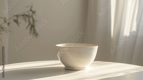 A serene white bowl placed on a table, illuminated by soft sunlight with gentle shadows, creating a calm atmosphere