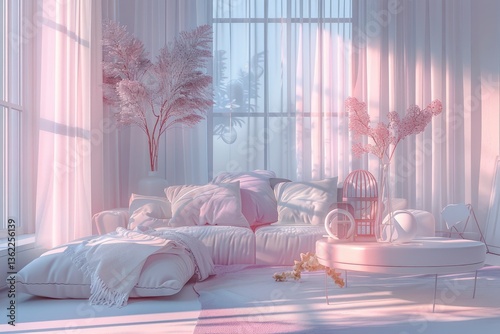 Serene living room with soft pastel decor, sunlight streaming through sheer curtains, and floral accents