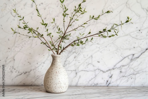 Elegant vase with branches against a marble background, showcasing a serene indoor decor setting