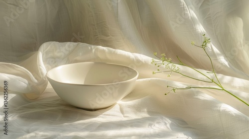 A serene still life featuring a simple white bowl on soft, textured fabric with delicate greenery