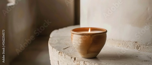 Serene candlelight illuminating a rustic pottery bowl on a textured stone surface in a tranquil setting