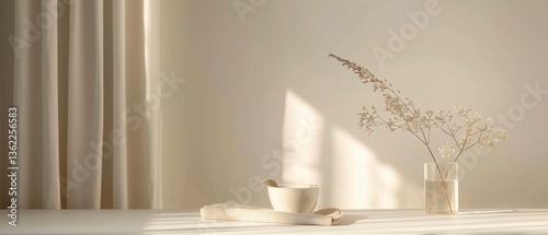 Minimalist interior scene featuring a vase with dried flowers on a light table beside soft curtains