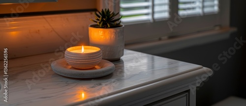 Cozy interior scene featuring a lit candle and a potted plant on a marble countertop in soft light