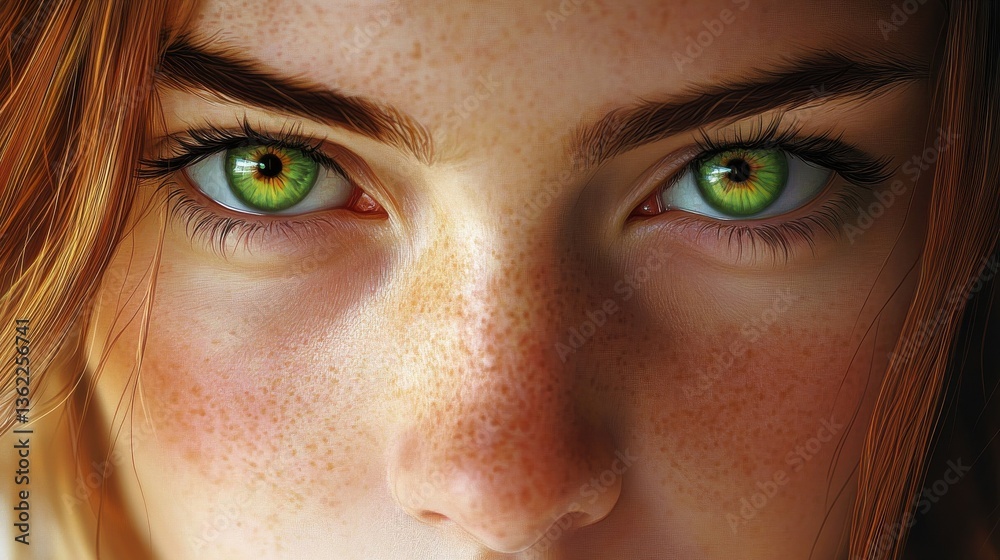 Fototapeta premium Close-up portrait of a young woman with freckles and green eyes. illustration