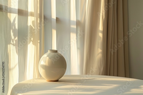 Elegant white ceramic vase on a table, illuminated by soft sunlight filtering through sheer curtains