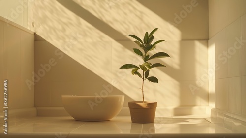 Serene indoor scene featuring a potted plant beside a bowl, illuminated by soft sunlight and shadows