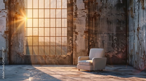 A serene, sunlit room featuring a cozy white armchair, with a large window showcasing a scenic view
