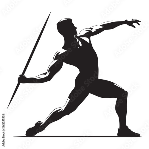 Elite Javelin Thrower silhouette, mid-throw in a dynamic pose - Javelin illustration - Minimalist Javelin vector - Strength in motion

