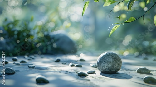 Tranquil stone arrangement in a serene natural setting with lush greenery and soft sunlight