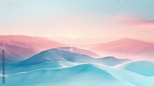 Serene pastel mountain landscape at dawn with soft light illuminating the peaks and valleys