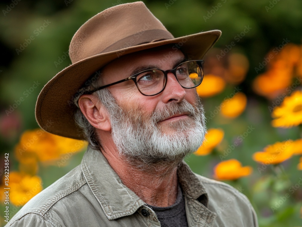 Elderly man with beard smiling confidently in front of a lush green garden backdrop captured in soft midday light and vivid outdoor color tones Elderly man with beard smiling confidently in front of a lush green garden backdrop captured in soft midday light and vivid outdoor color tones