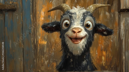 Cheeky goat kid face with tiny horns and a mischievous grin, barnyard background 