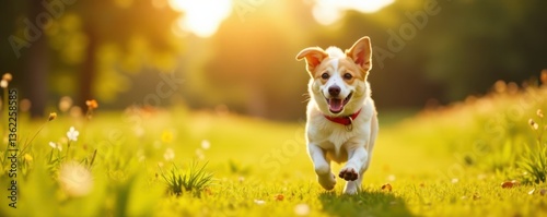 Happy dog on short leash running in open field with sunshine, field, happy