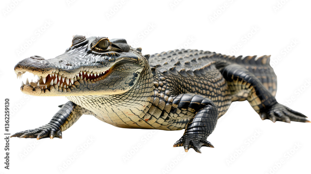 Naklejka premium The Allure of the Apex Predator: A striking studio portrait of a powerful caiman, showcasing its formidable jaws, textured skin, and the raw essence of the untamed wilderness.