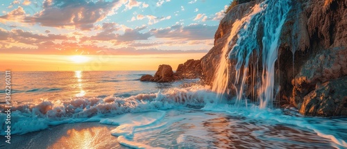 Serene sunset over a rocky coastline with cascading waterfall and gentle ocean waves, peaceful atmosphere